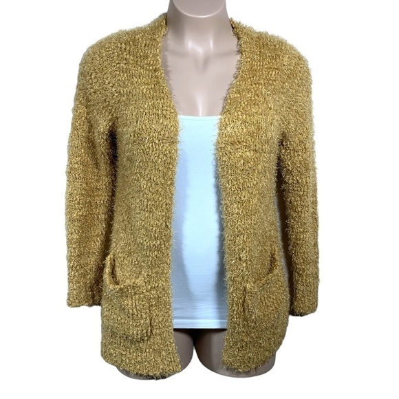 L Woven Heart Yellow Fuzzy Shrug Sweater Long Sleeve Large Stretch Open Front - Picture 1 of 7